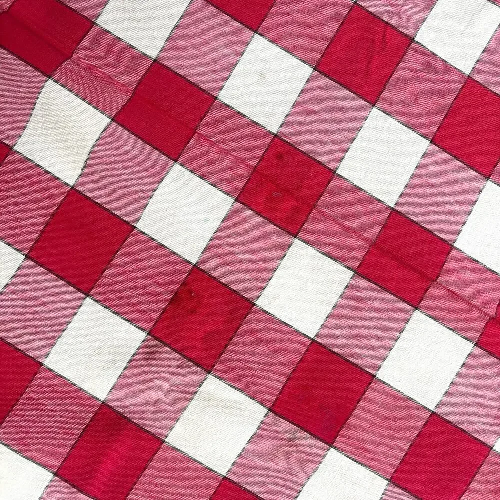 Vintage Tablecloth red & white plaid table topper homespun farmhouse FLAWS